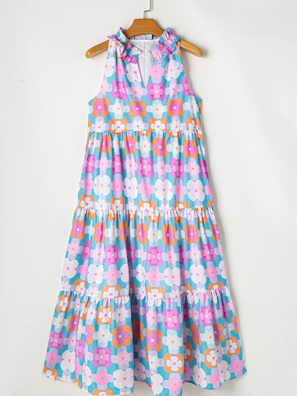 Sleeveless Floral Tiered Maxi Dress in Pastel Blue Pink Orange